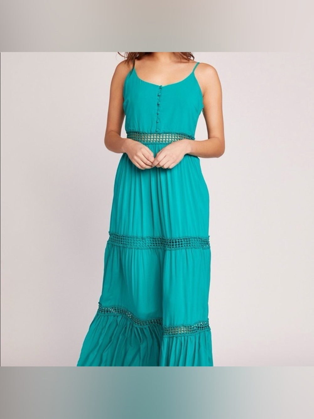 BB Dakota Teal Spaghetti-Strap Maxi Dress with Crochet Waist and Tiered Skirt